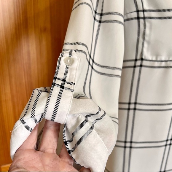 Fortune & Ivy Small White Black Plaid Windowpane Button Front Blouse Roll Tab - Picture 7 of 10